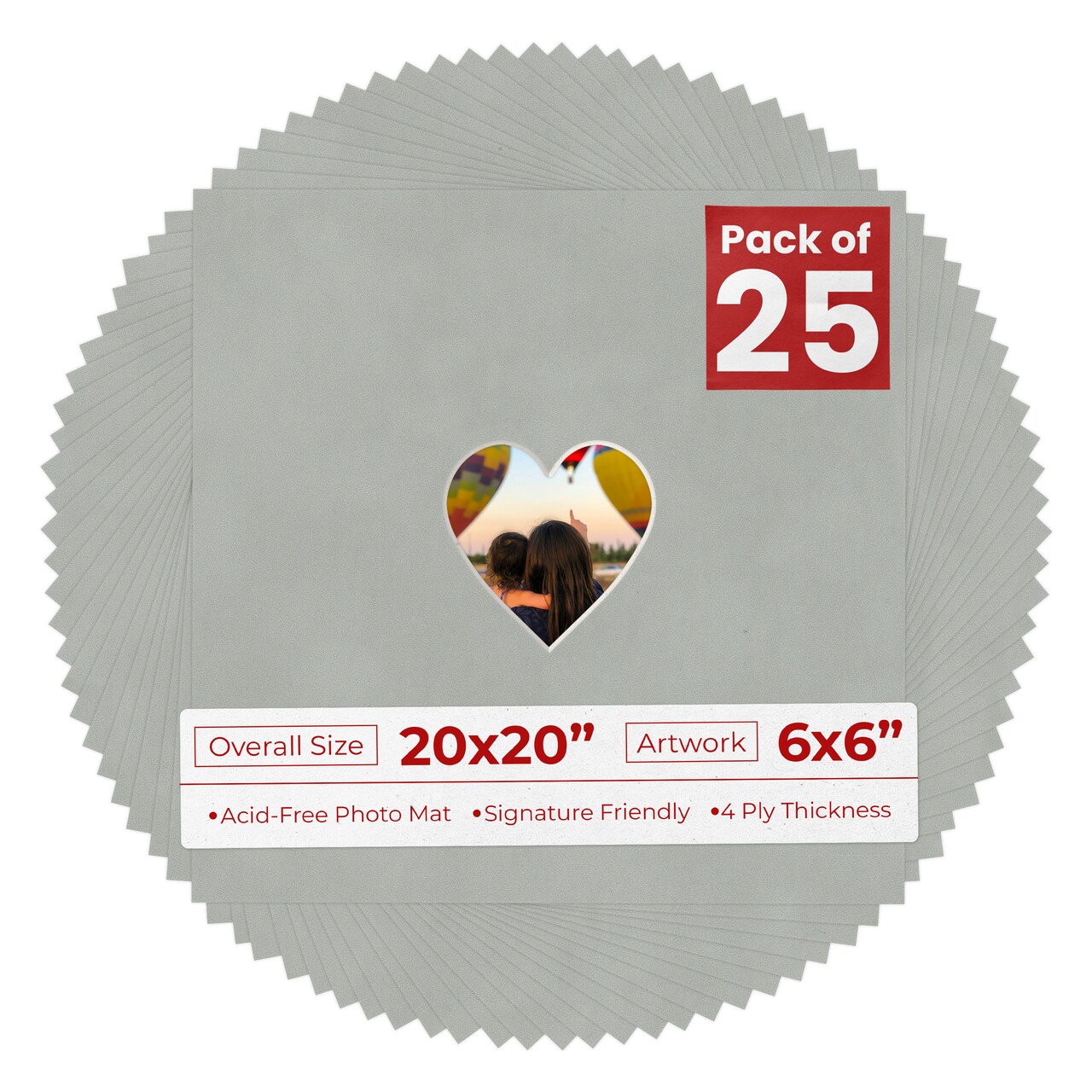 Light Grey Suede Mat Board for 20x20 Frames - Heart Opening for 6x6 Photos